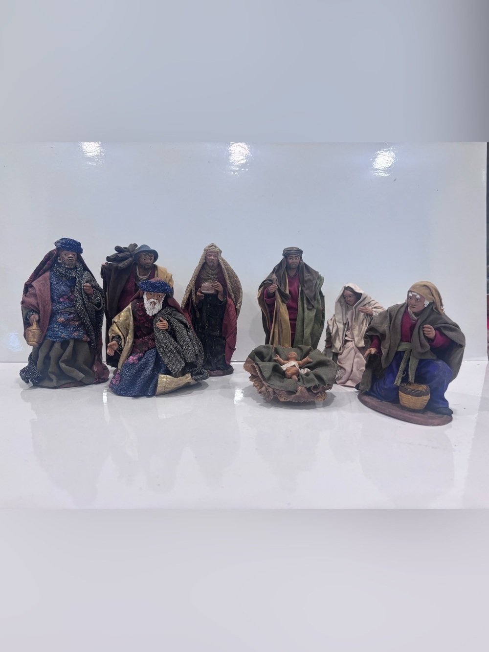 Vintage Italian Papier Mache Nativity Figures 7”, 8 pieces